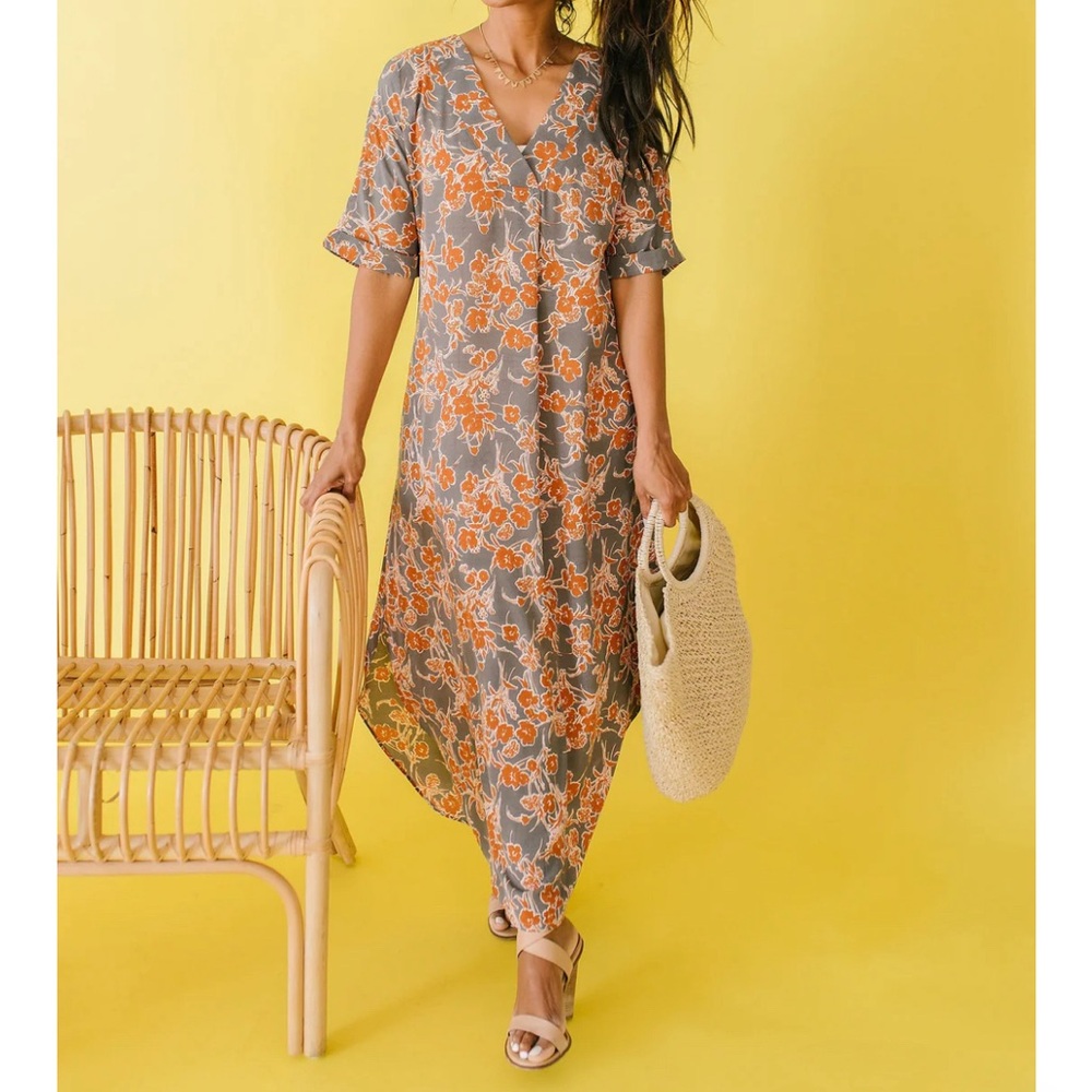 Mittoshop Midi Maxi Dress V-Neck Cuff Sleeves Floral Pockets Grey Rust White